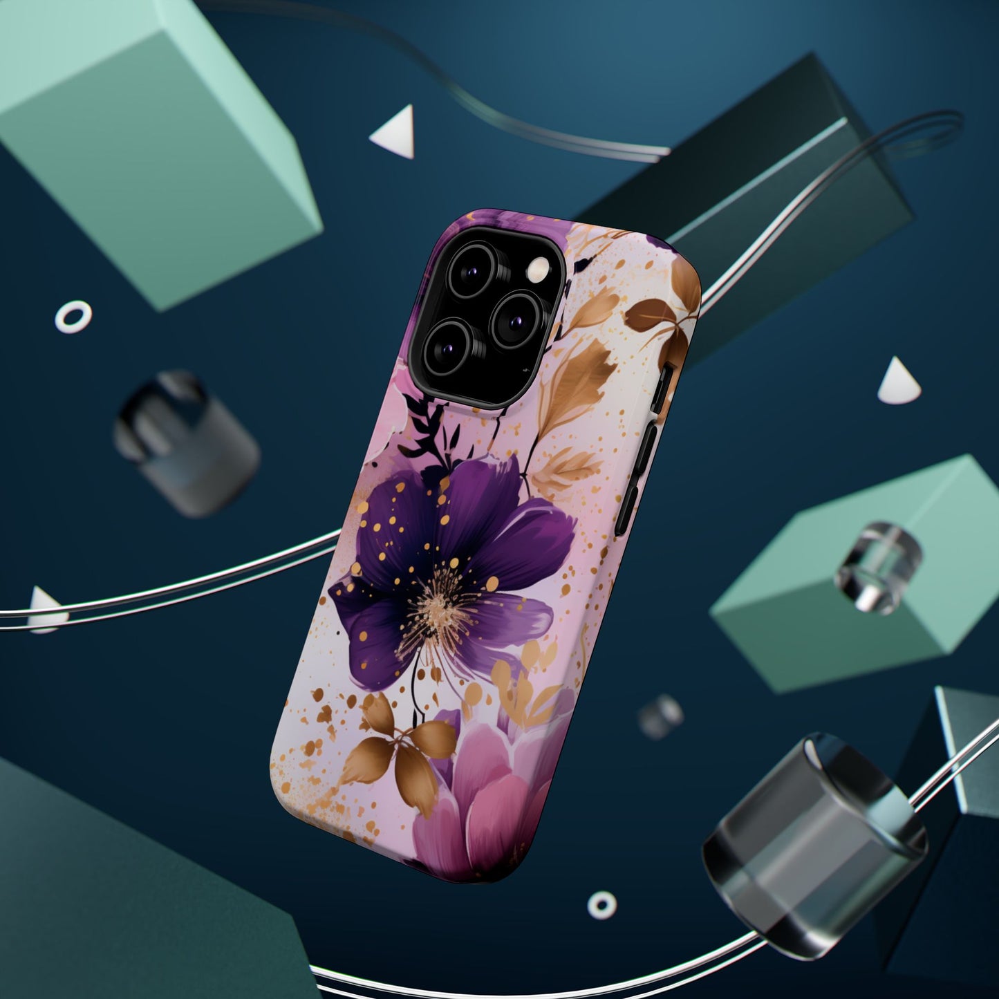 Elegant Purple & Gold Floral MagSafe iPhone Case - Luxe Flower Design