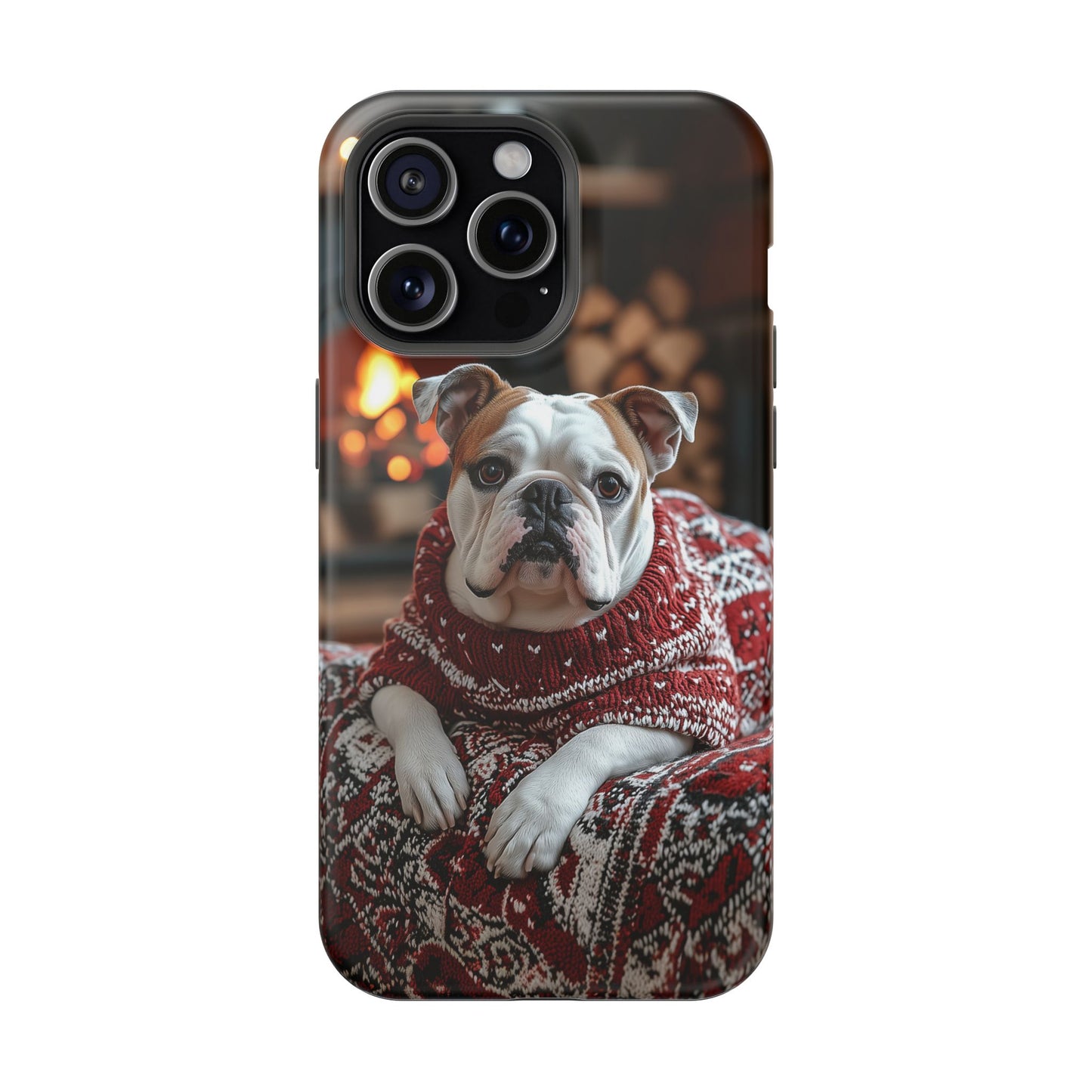 Cozy Bulldog in Sweater MagSafe iPhone Case – Festive Fireplace Protective Cover