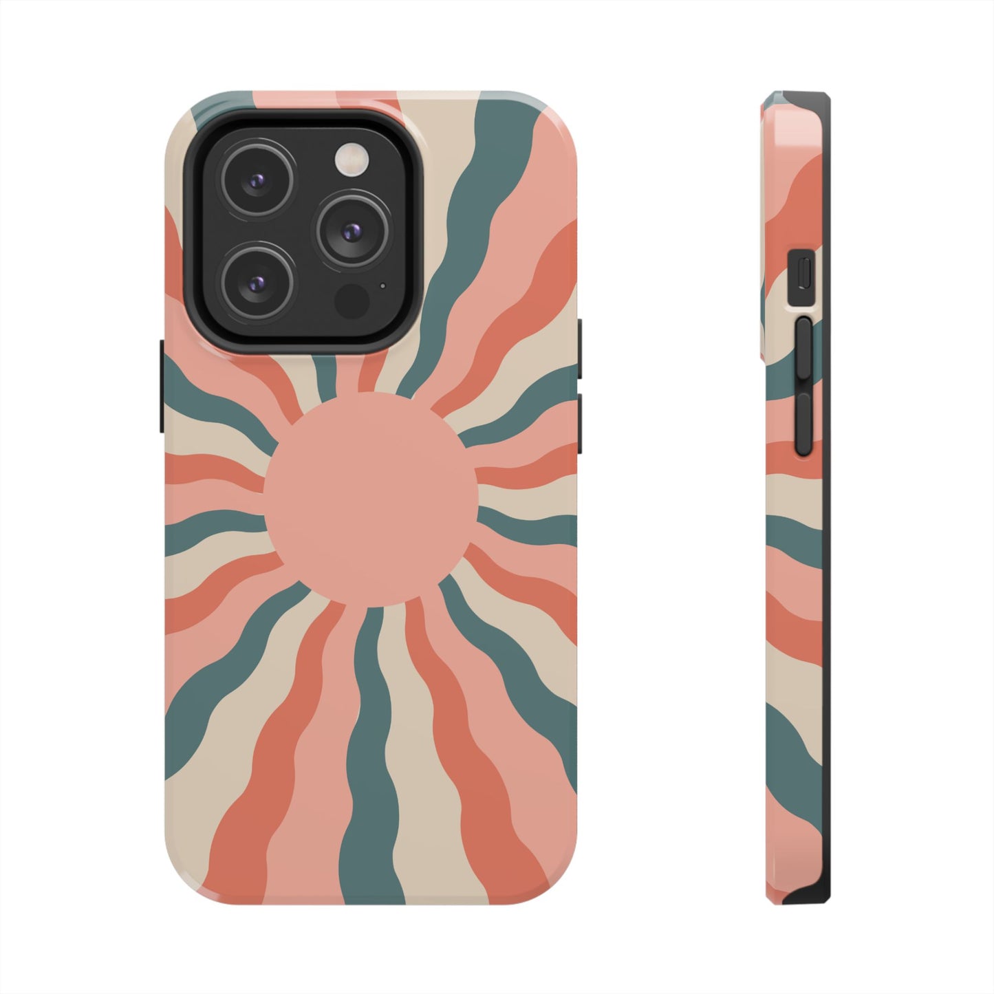 Retro Sunburst iPhone Case – Bold 70s-Inspired Waves in Coral, Teal, and Cream