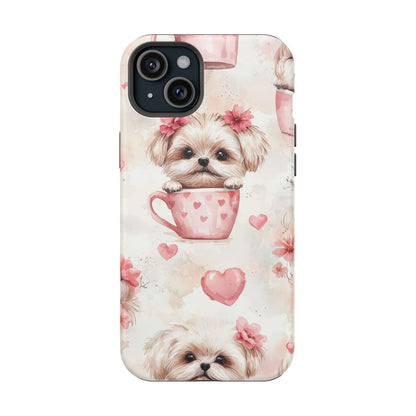 Floral Puppy in Teacup MagSafe iPhone Case – Cute Pink Flower Design, Tough Dual-Layer Protection