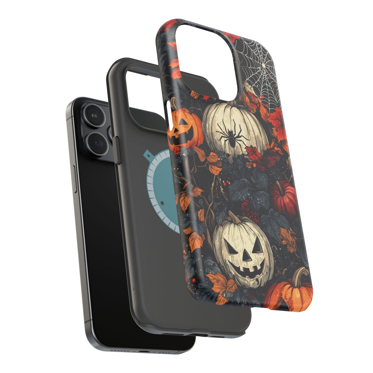 Hauntingly Elegant Halloween MagSafe iPhone Case – Pumpkins, Spiders, and Autumn Leaves Design