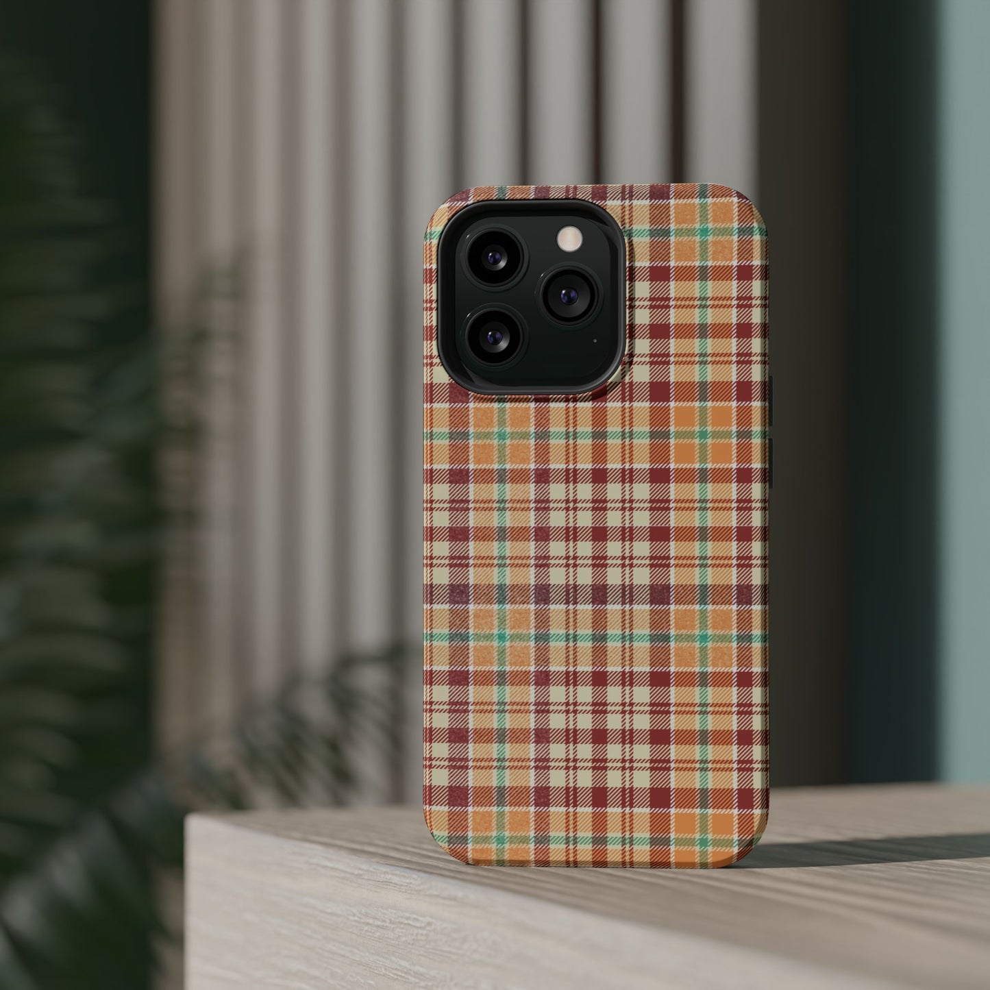 Retro Chic Plaid MagSafe iPhone Case in Red, Orange, Green & Cream – Vintage Design Meets Modern Tech