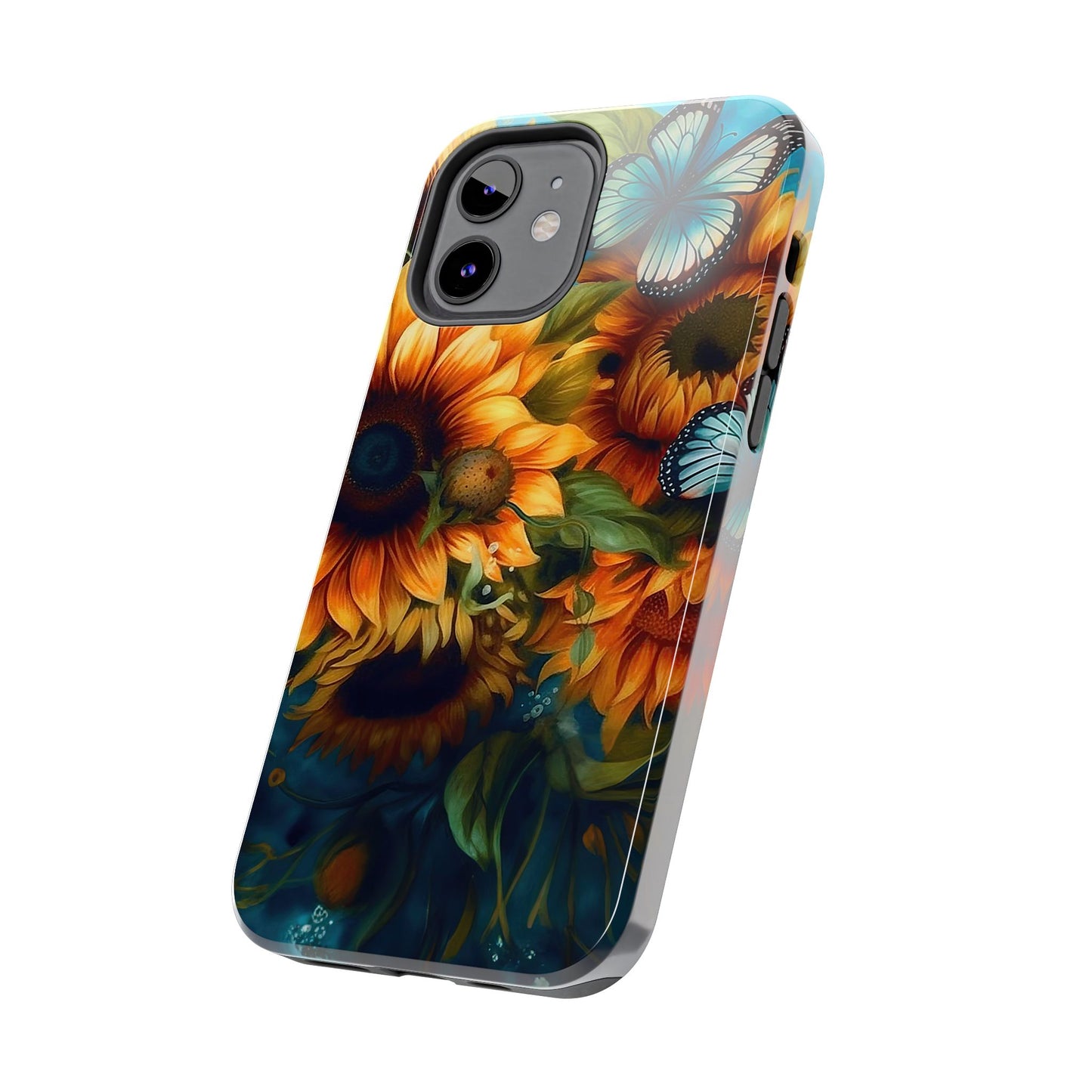 Aqua Blue Butterfly & Sunflower Art – iPhone Case