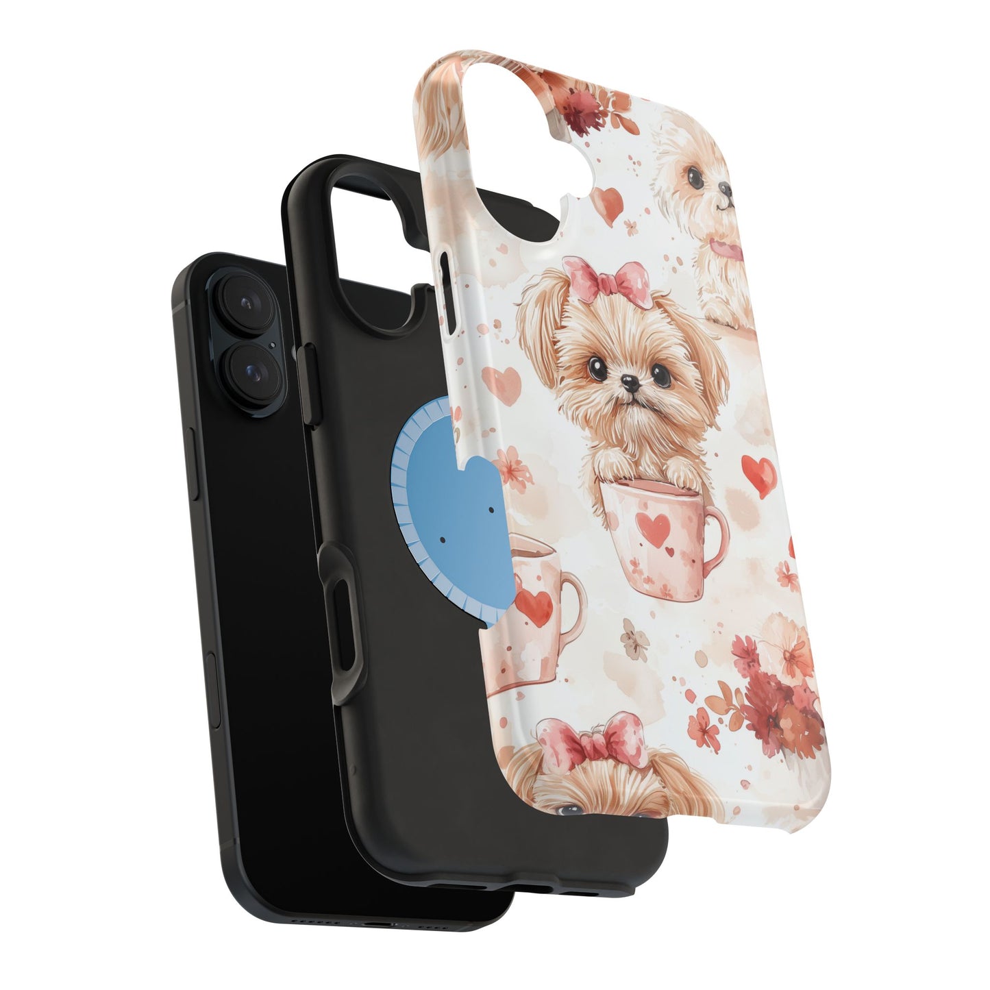 Puppies & Heart Mugs MagSafe iPhone Case – Sweet Dog & Floral Design, Shockproof & Slim