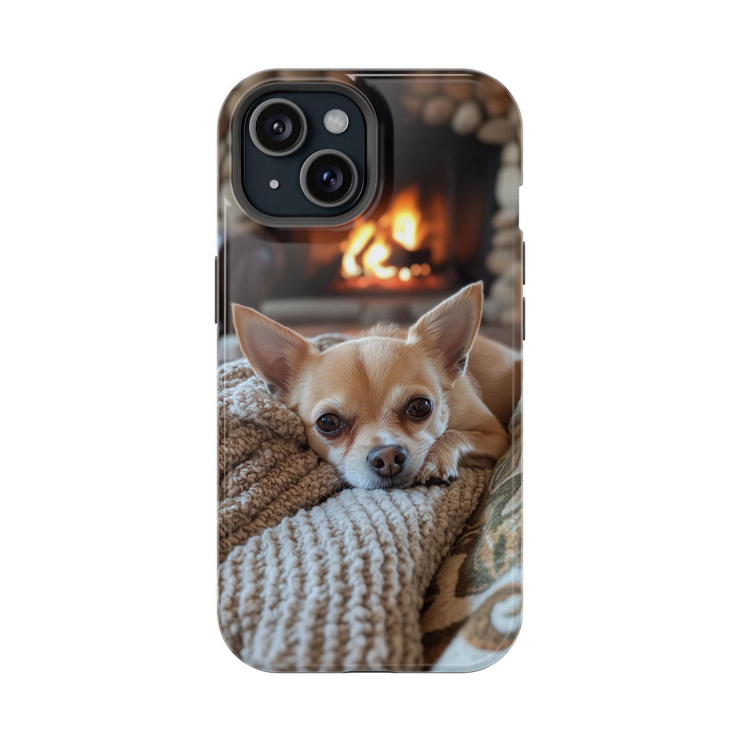 Relaxing Chihuahua by Fireplace MagSafe iPhone Case – Functional and Cozy Design