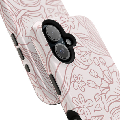 Blush Floral Line Art Tough MagSafe iPhone Case – Delicate Minimalist Design with Dual-Layer Protection