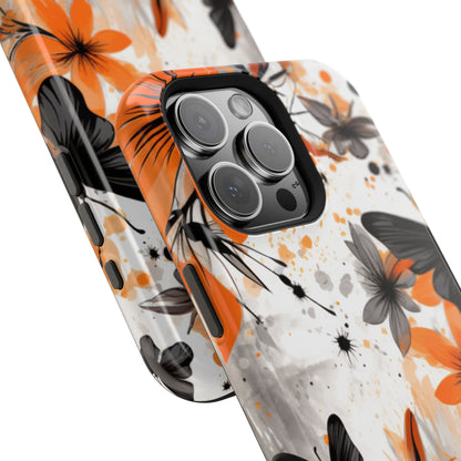 Orange Blossom & Black Butterfly MagSafe iPhone Case – Bold Floral Pattern with Modern Abstract Style