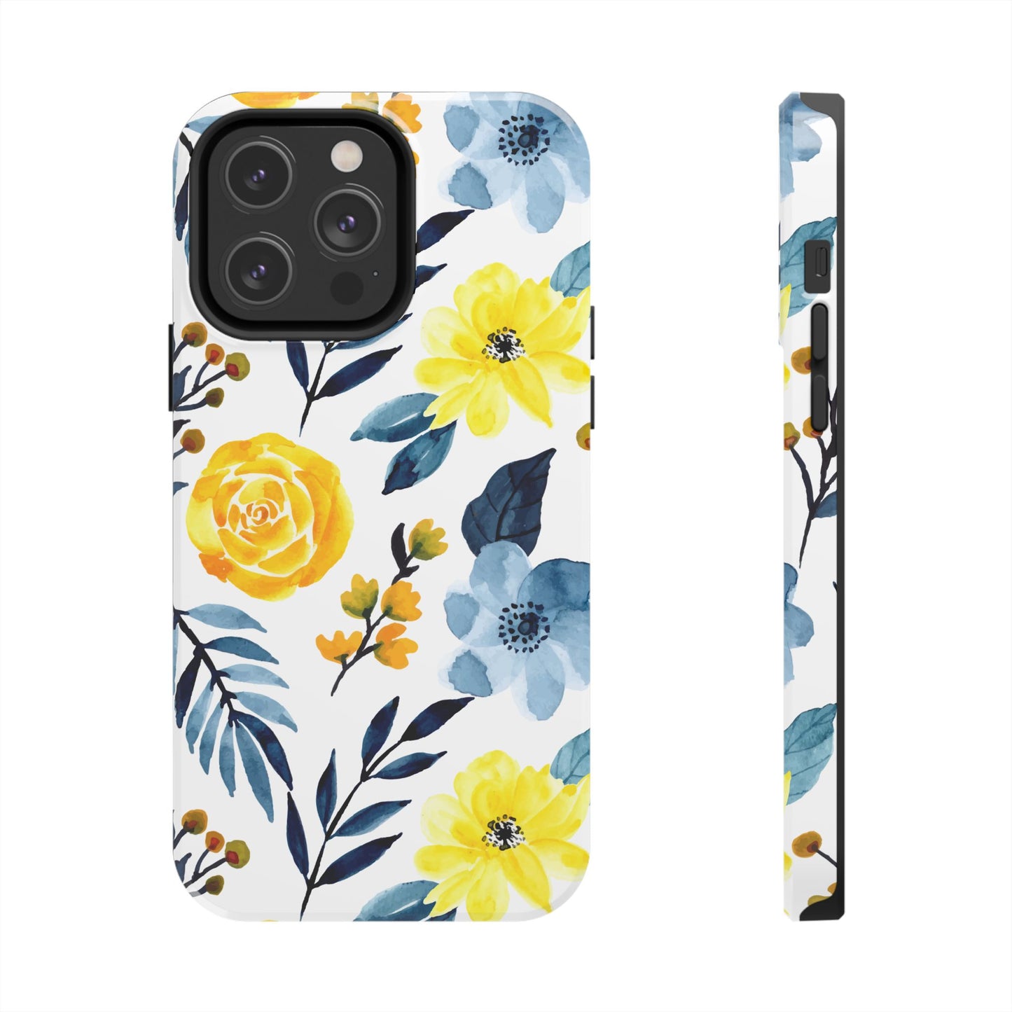 Golden Yellow & Sky Blue Floral – Watercolor Botanical iPhone Case