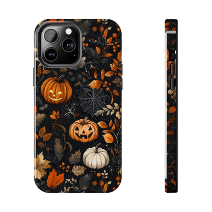 Elegant Halloween iPhone Case – Pumpkin Jack-o'-Lanterns, Cobwebs & Autumn Foliage Design