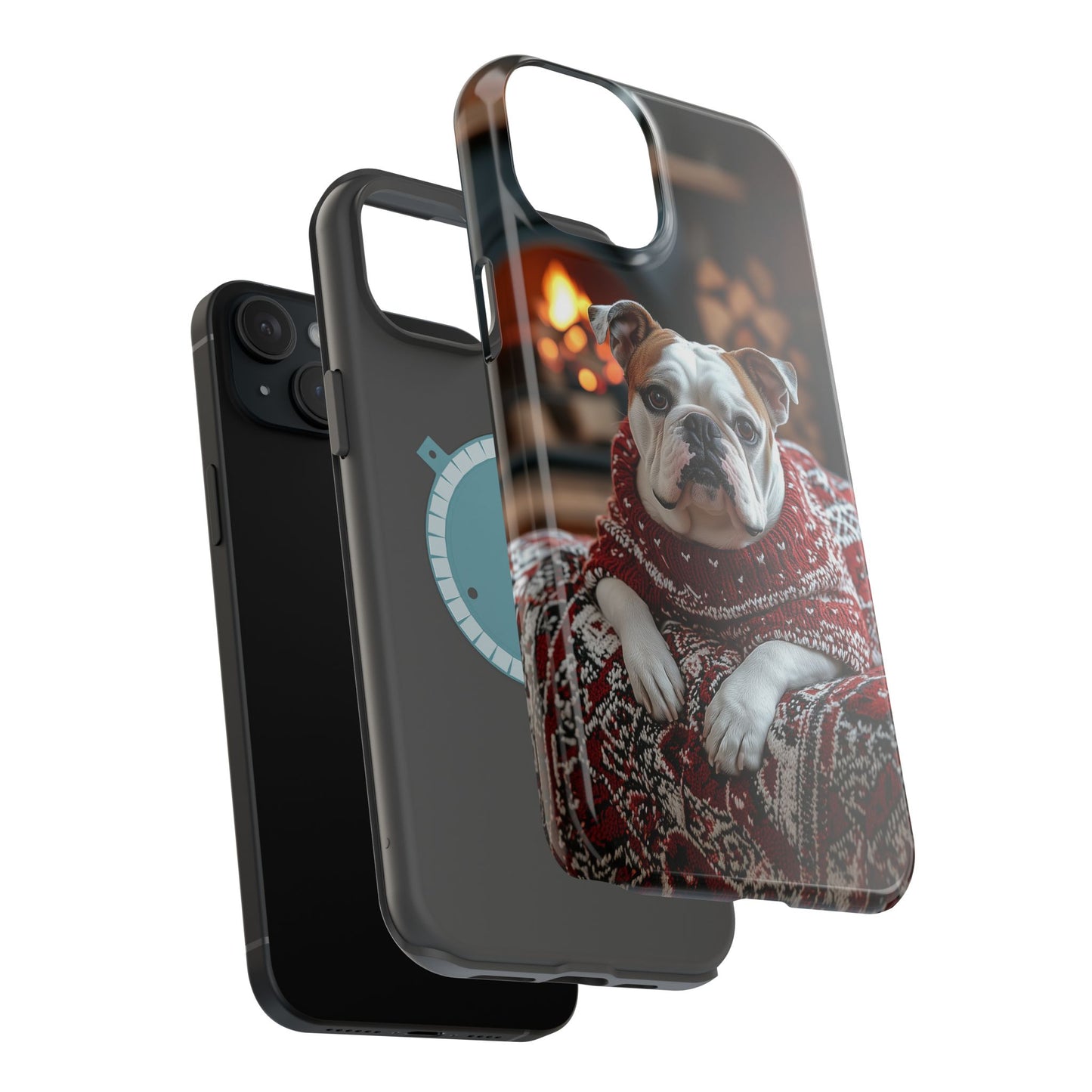 Cozy Bulldog in Sweater MagSafe iPhone Case – Festive Fireplace Protective Cover