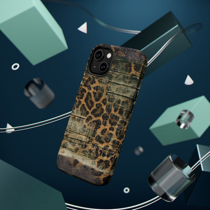 Rustic Wood and Leopard Print Tough MagSafe iPhone Case – Distressed Western Design with Dual-Layer Protection