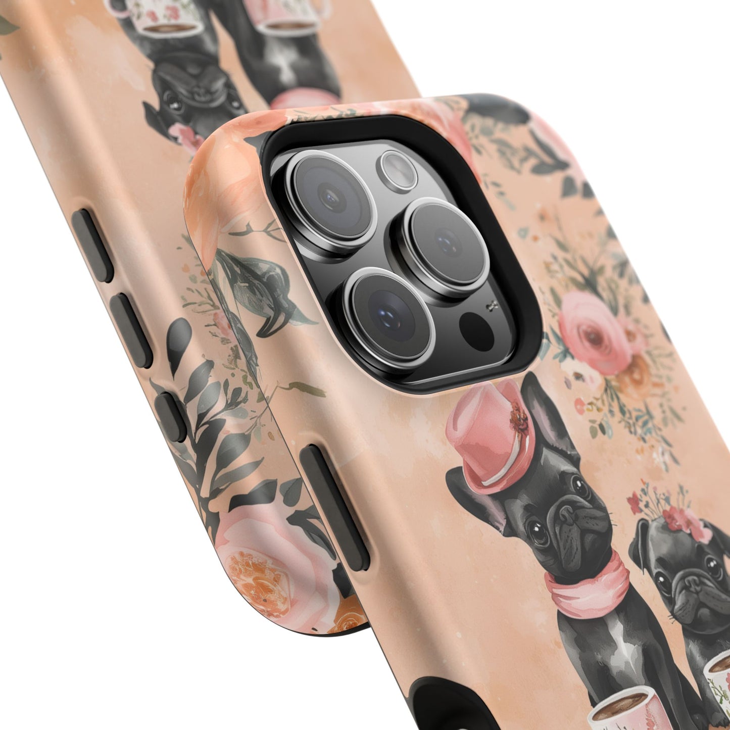 Floral French Bulldogs MagSafe iPhone Case – Elegant Dog Design with Tea Cups & Roses, Shockproof Protection