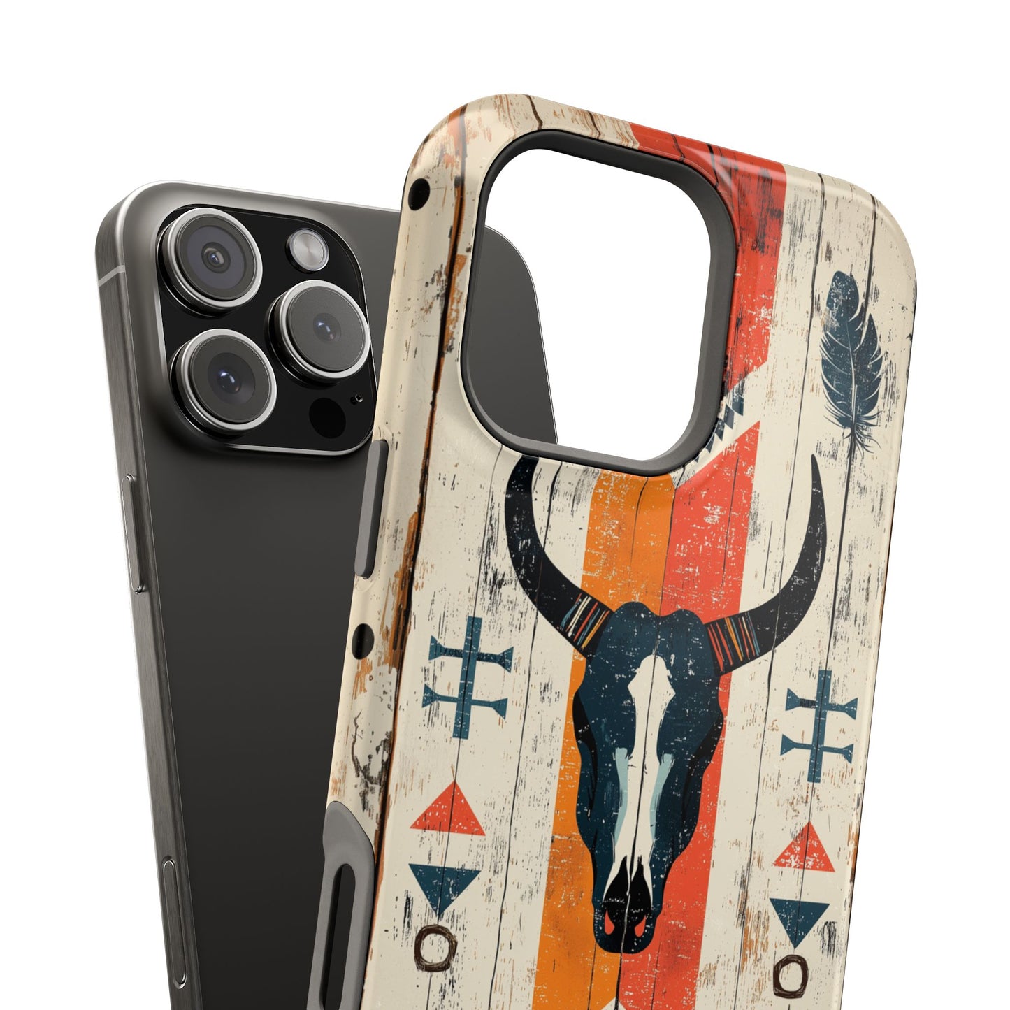 Rustic Western Bull Skull Tough MagSafe iPhone Case – Distressed Wood Design, Dual-Layer Protection