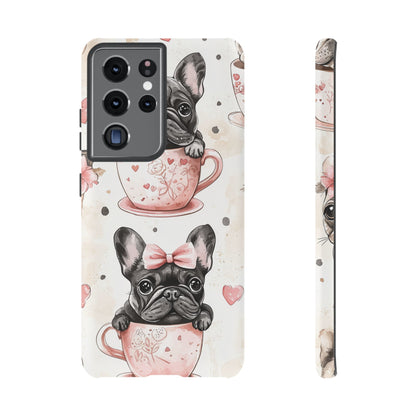 French Bulldogs in Teacups Samsung Galaxy Case – Cute Dog Design with Hearts & Bows, Shockproof & Slim