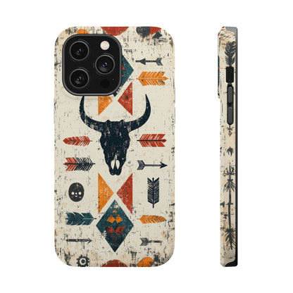 Tribal Bull Skull & Arrows Tough MagSafe iPhone Case – Rustic Western Design, Dual-Layer Protection