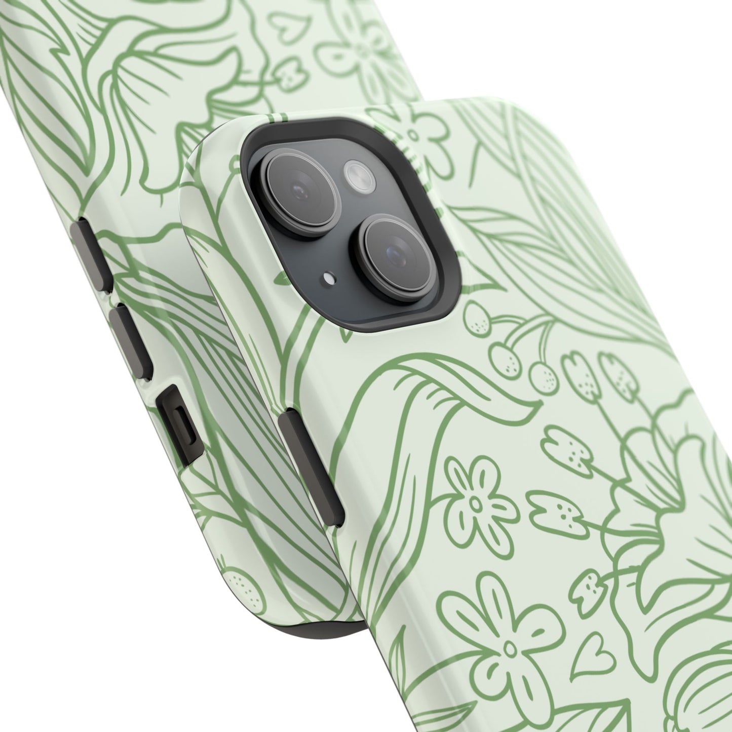 Sage Green Floral Line Art Tough MagSafe iPhone Case – Minimalist Botanical Design with Dual-Layer Protection