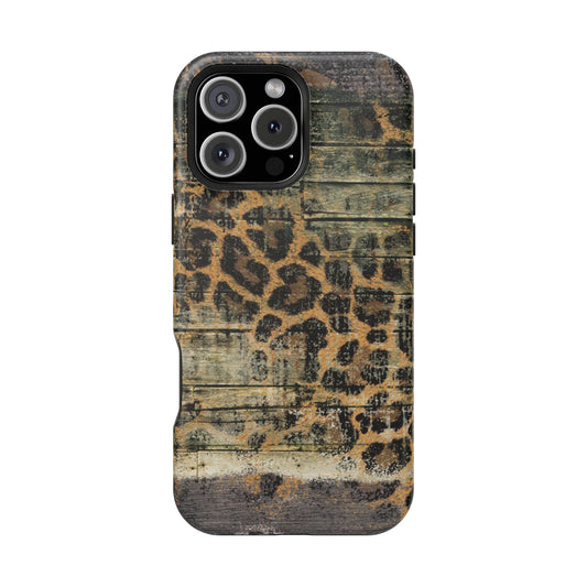 Rustic Wood and Leopard Print Tough MagSafe iPhone Case – Distressed Western Design with Dual-Layer Protection