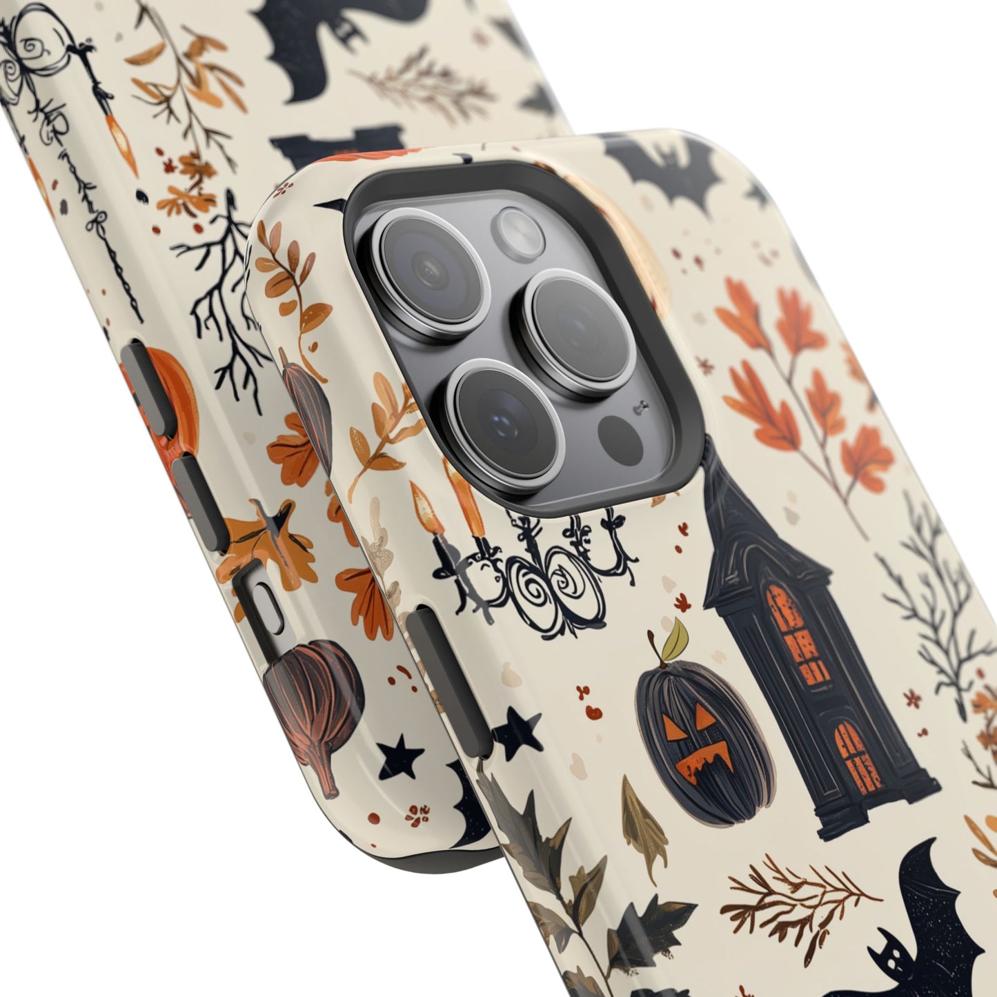 Haunted Halloween MagSafe iPhone Case – Haunted House, Bats, and Pumpkins Design