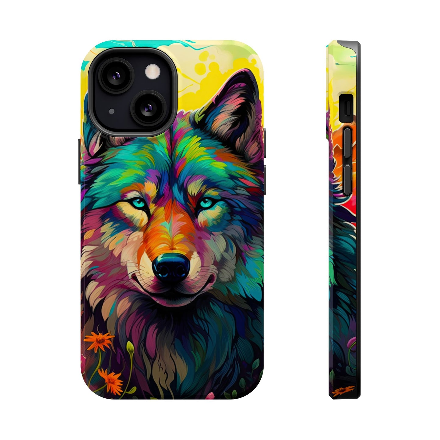 Rainbow Wolf in Bloom – MagSafe iPhone Case with Nature-Inspired Design