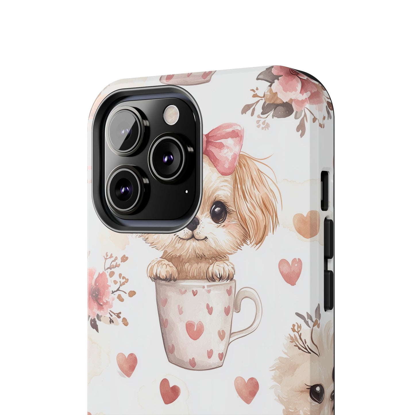 Cute Puppies in Heart Mugs iPhone Case – Adorable Dog & Floral Design, Shockproof & Slim - BOGO Cases