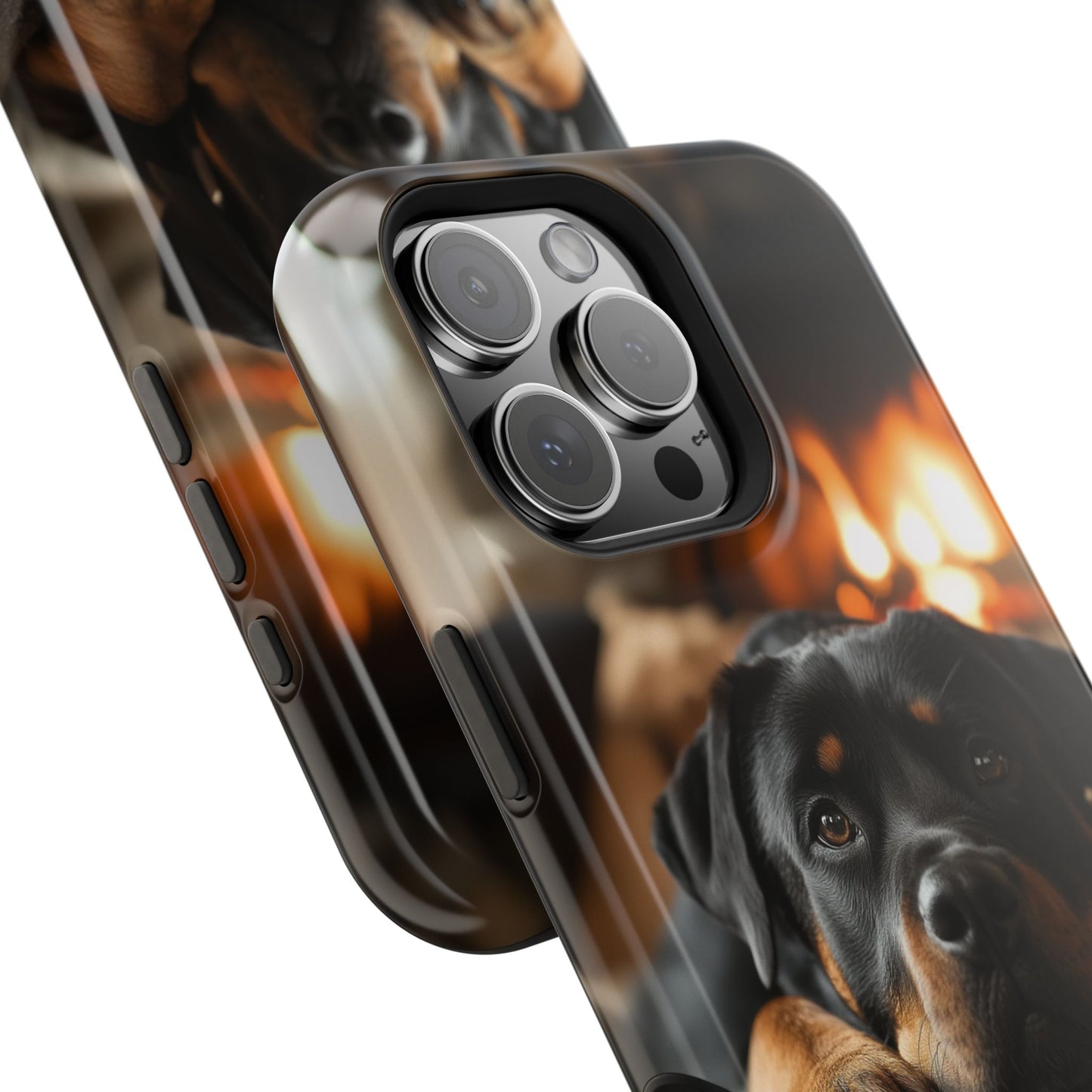 Cozy Rottweiler by the Fireplace MagSafe iPhone Case – Warm Rustic Design