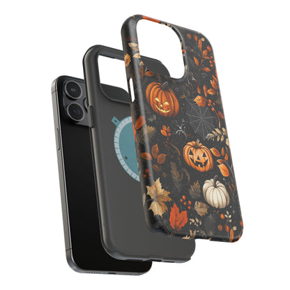 Elegant Halloween MagSafe iPhone Case – Pumpkin Jack-o'-Lanterns, Cobwebs & Autumn Foliage Design