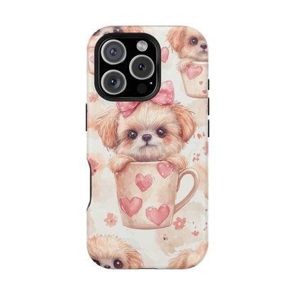 Adorable Puppy in Teacup MagSafe iPhone Case – Tough, Dual-Layer Protection with Cute Pink Bow Design