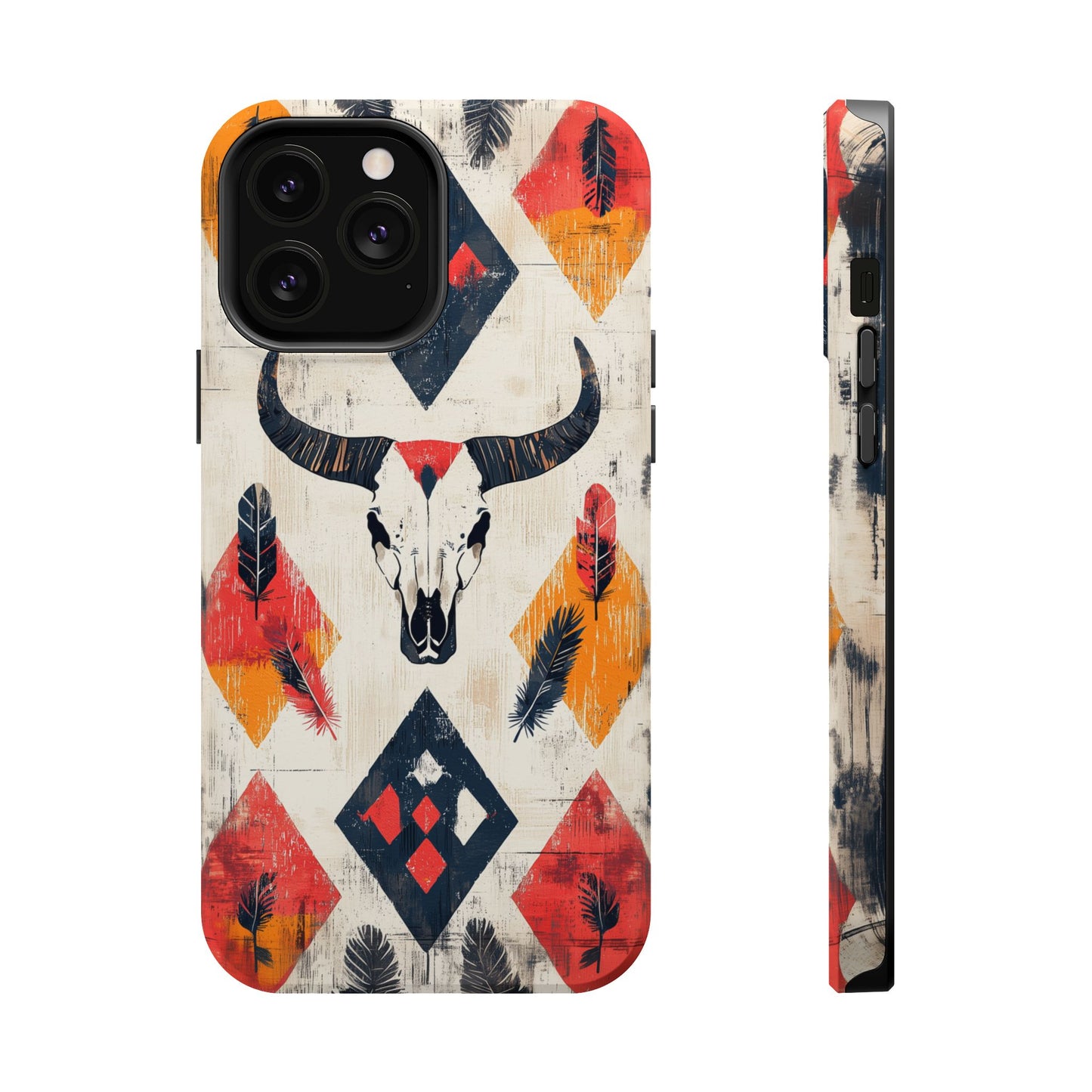 Western Bull Skull & Feathers Tough Mag Safe iPhone Case – Bold Tribal Design, Dual-Layer Protection