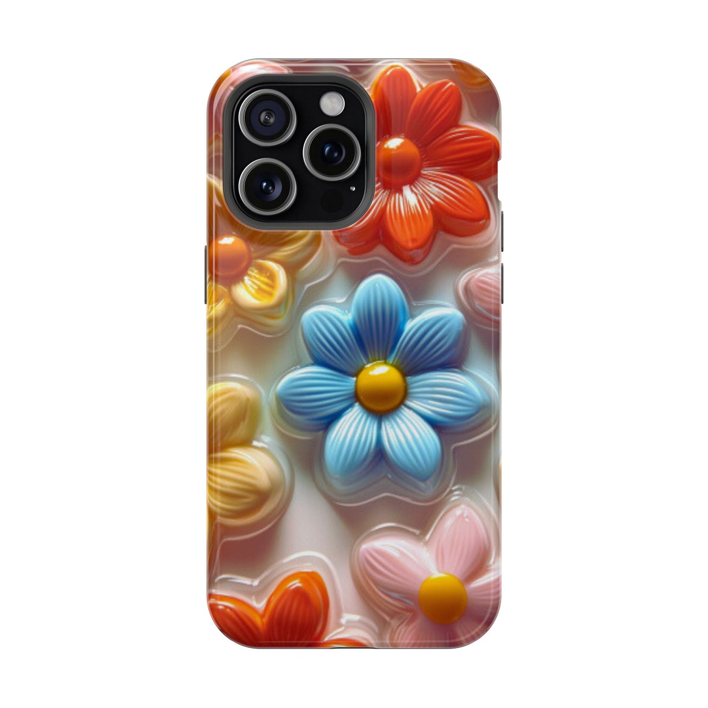 Glossy Retro Flower MagSafe iPhone Case – Colorful 3D Floral Design, Durable Protection