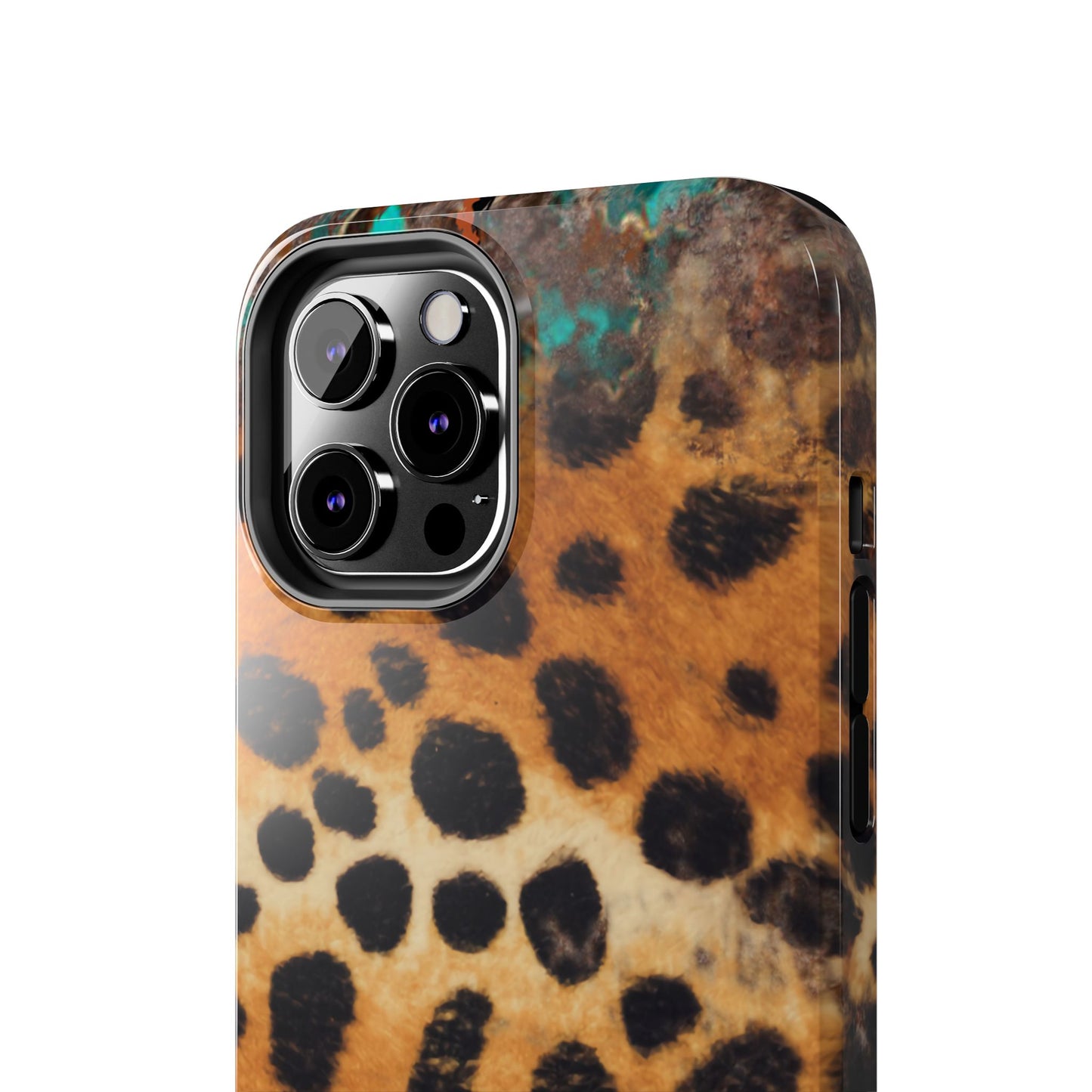 Rustic Leopard Print Tough iPhone Case – Distressed Turquoise and Animal Pattern with Dual-Layer Protection