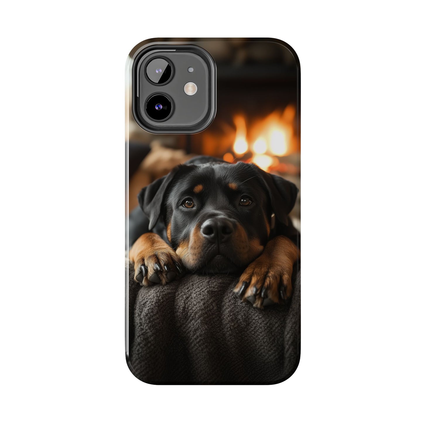 Cozy Rottweiler by the Fireplace iPhone Case – Warm Rustic Design