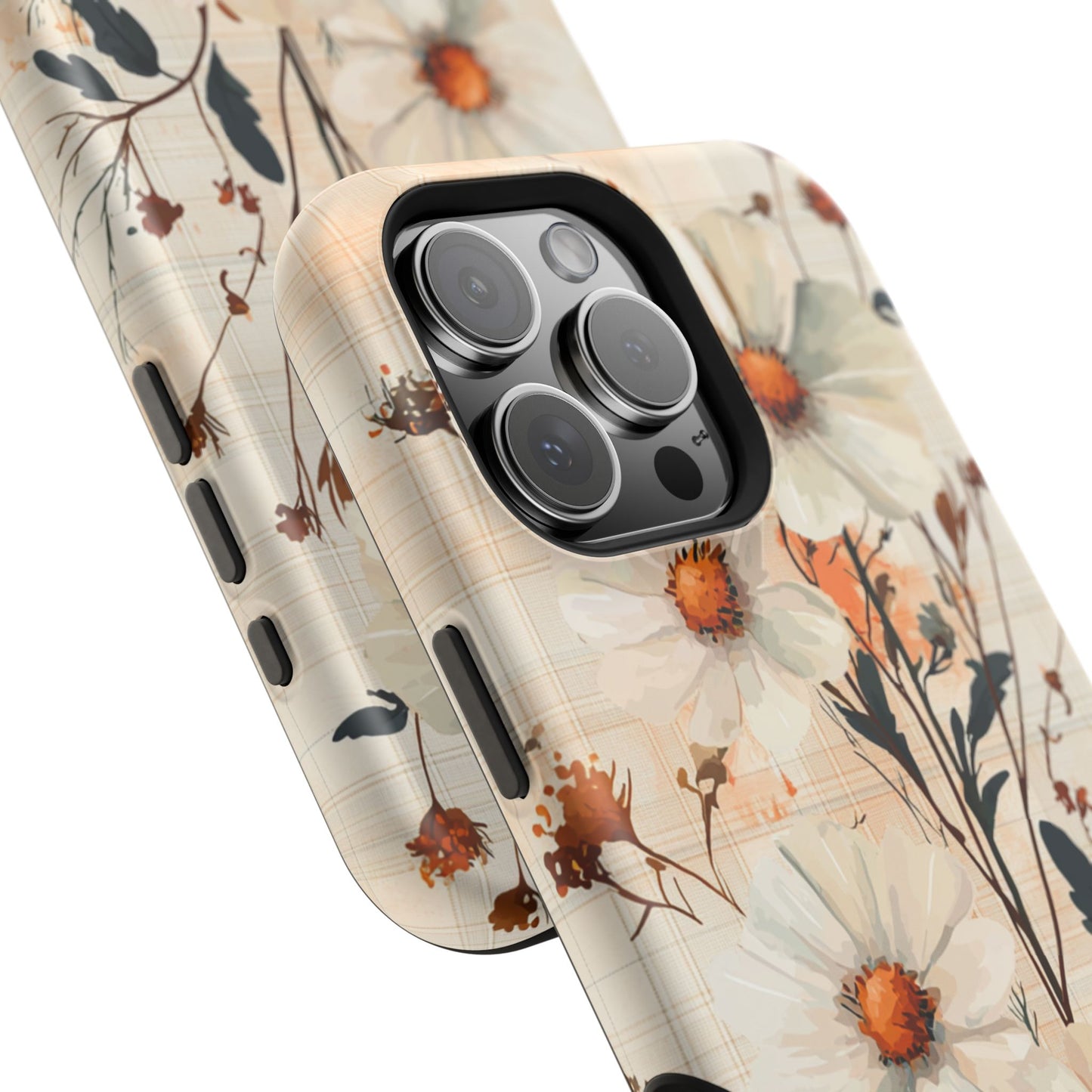 Pastel Orange Floral MagSafe iPhone Case - Elegant Plaid Protective Cover