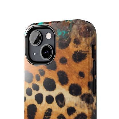 Rustic Leopard Print Tough iPhone Case – Distressed Turquoise and Animal Pattern with Dual-Layer Protection