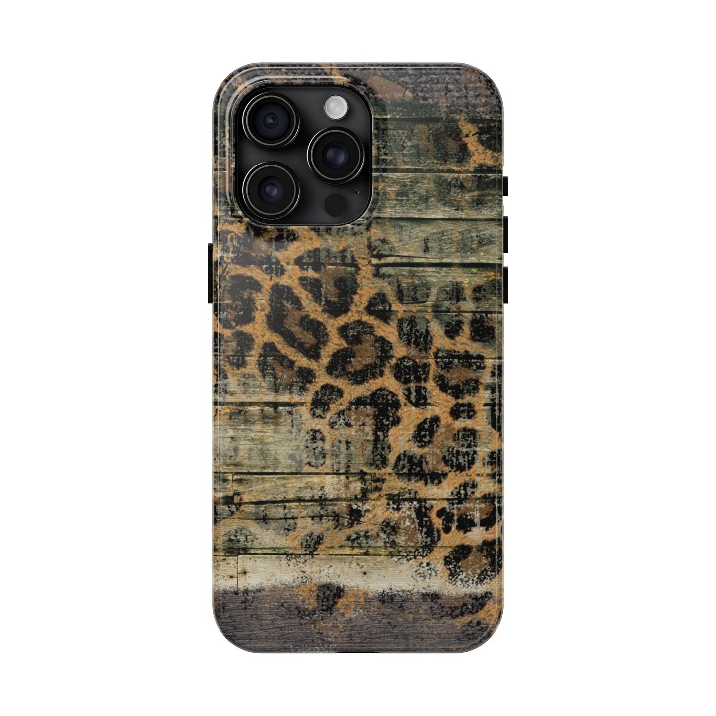 Rustic Wood and Leopard Print Tough iPhone Case – Distressed Western Design with Dual-Layer Protection