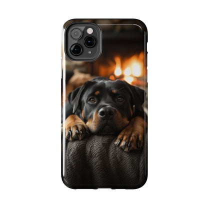 Cozy Rottweiler by the Fireplace iPhone Case – Warm Rustic Design