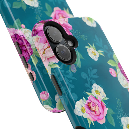 Elegant Peony Bouquet MagSafe iPhone Case – Deep Teal Background with Romantic Floral Design