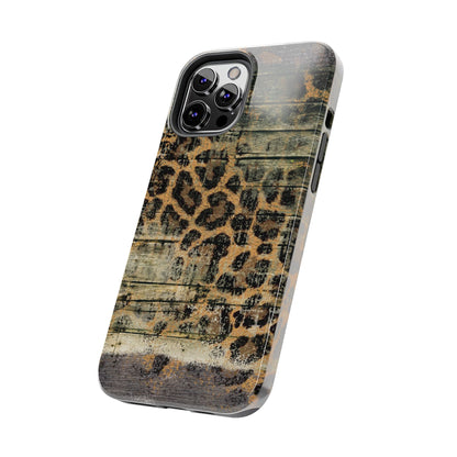 Rustic Wood and Leopard Print Tough iPhone Case – Distressed Western Design with Dual-Layer Protection