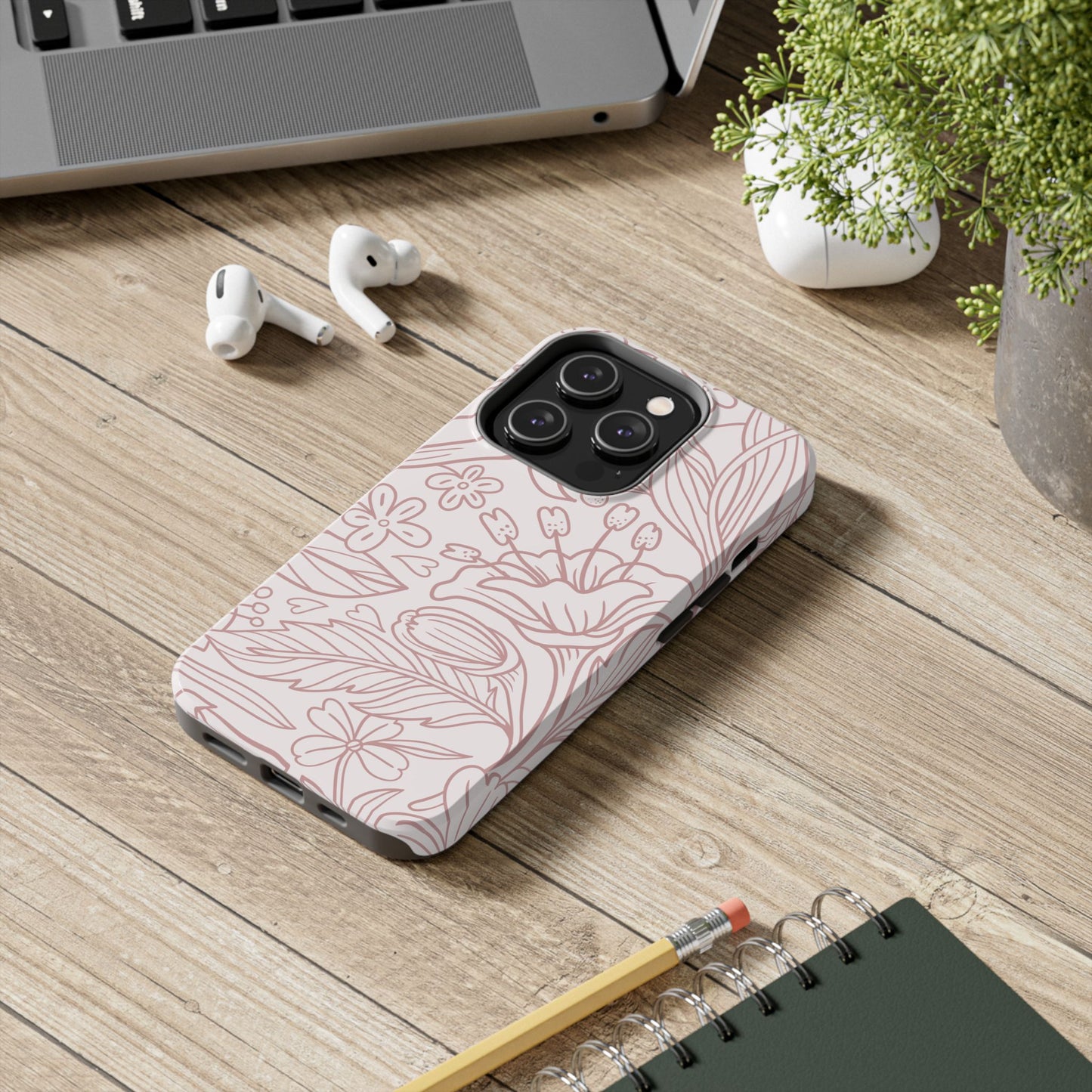 Blush Floral Line Art Tough iPhone Case – Delicate Minimalist Design with Dual-Layer Protection