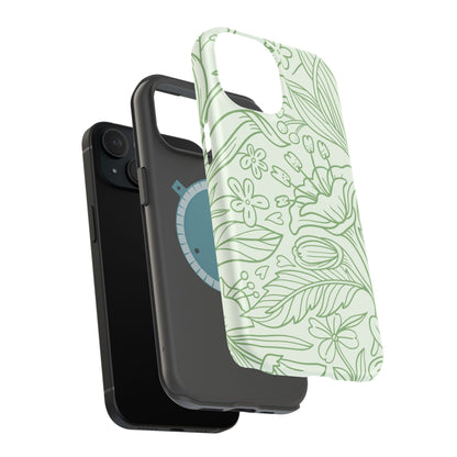 Sage Green Floral Line Art Tough MagSafe iPhone Case – Minimalist Botanical Design with Dual-Layer Protection