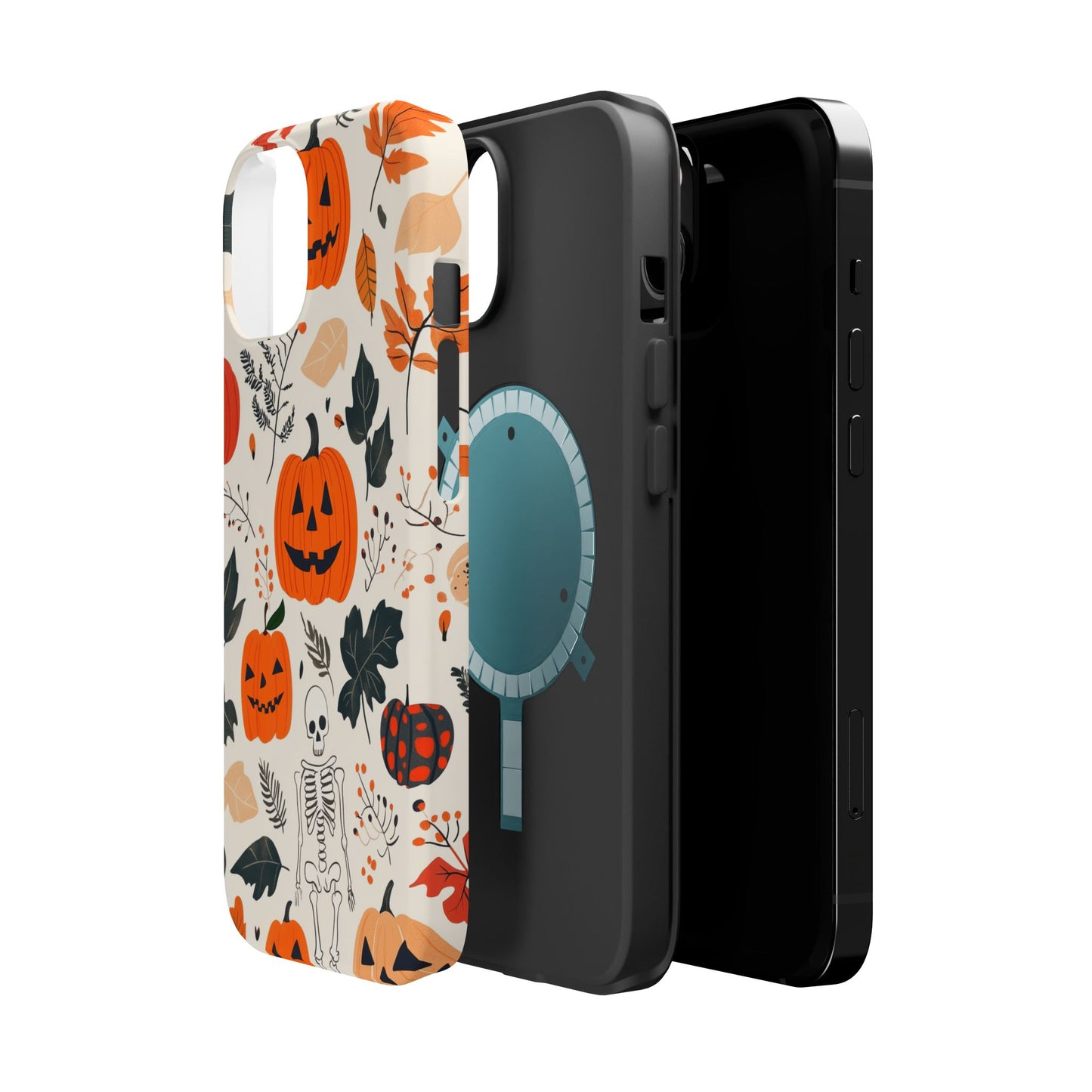 Spooky Pumpkin & Skeleton MagSafe iPhone Case – Halloween Jack-O'-Lantern Design