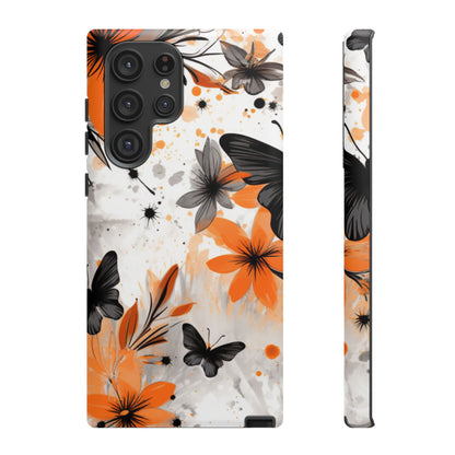 Orange Blossom & Black Butterfly Samsung Galaxy Case – Bold Floral Pattern with Modern Abstract Style