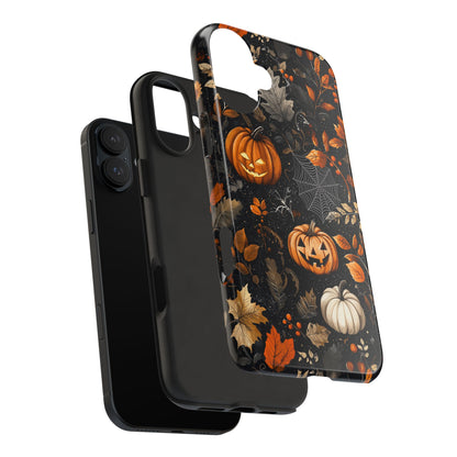 Elegant Halloween iPhone Case – Pumpkin Jack-o'-Lanterns, Cobwebs & Autumn Foliage Design