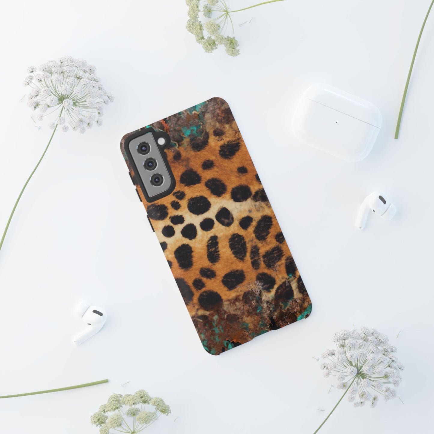 Rustic Leopard Print Tough Samsung Galaxy Case – Distressed Turquoise and Animal Pattern with Dual-Layer Protection