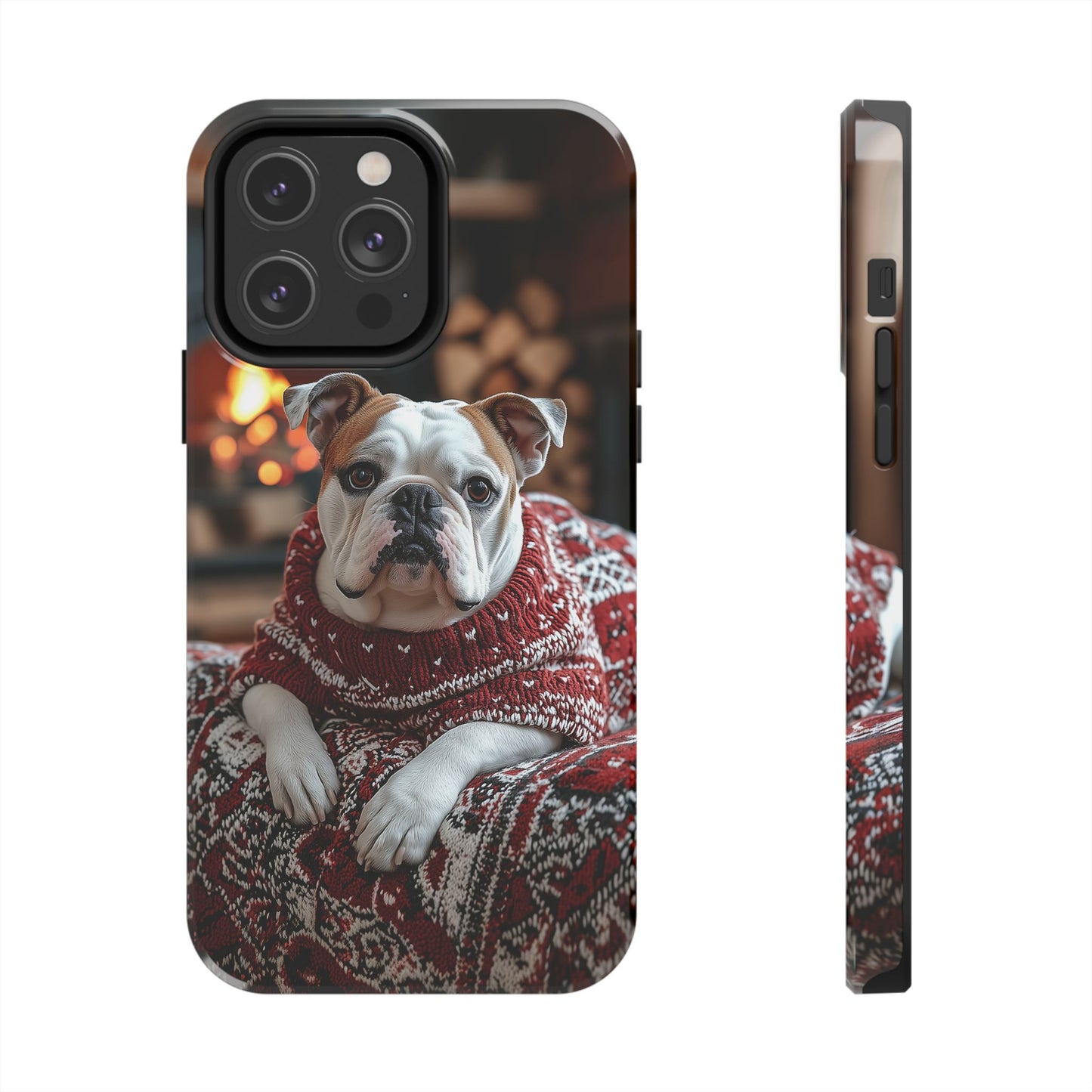 Cozy Bulldog in Sweater iPhone Case – Festive Fireplace Protective Cover