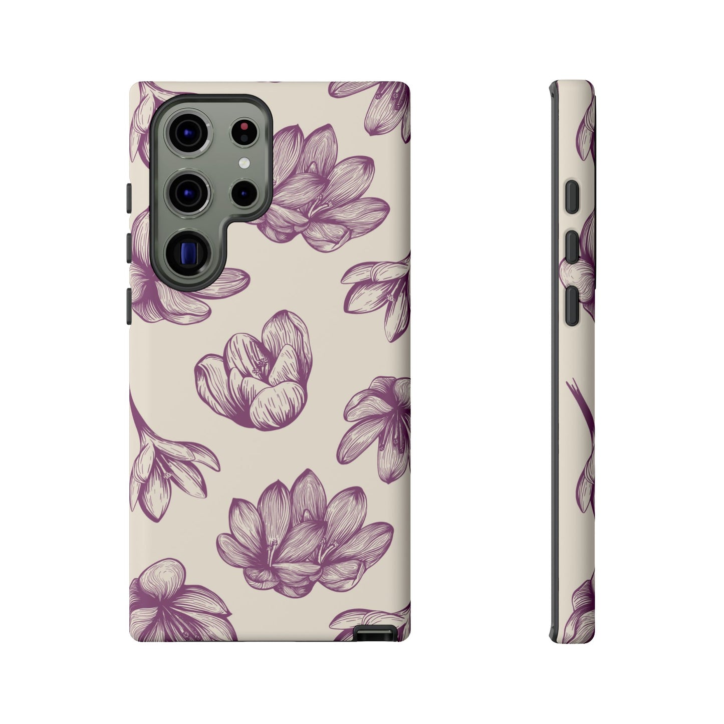 Vintage Botanical Floral Tough Samsung Galaxy Case – Hand - Drawn Purple Flowers, Shockproof Design - BOGO Cases