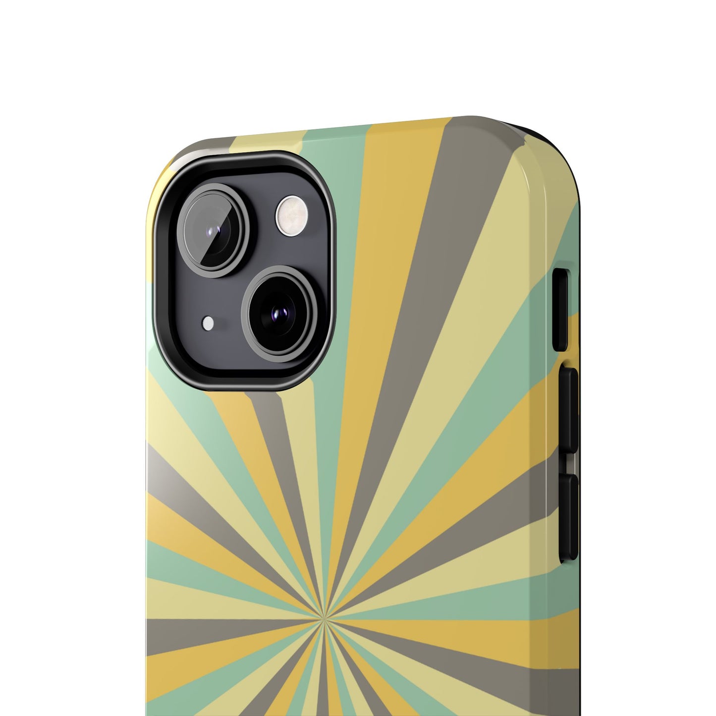 Vintage Sunburst Rays iPhone Case – Bold 70s-Inspired Burst in Yellow, Mint, and Gray