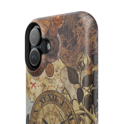 Steampunk Vintage Adventure MagSafe iPhone Case – Dual-Layer Protection with Antique Map and Clock Design