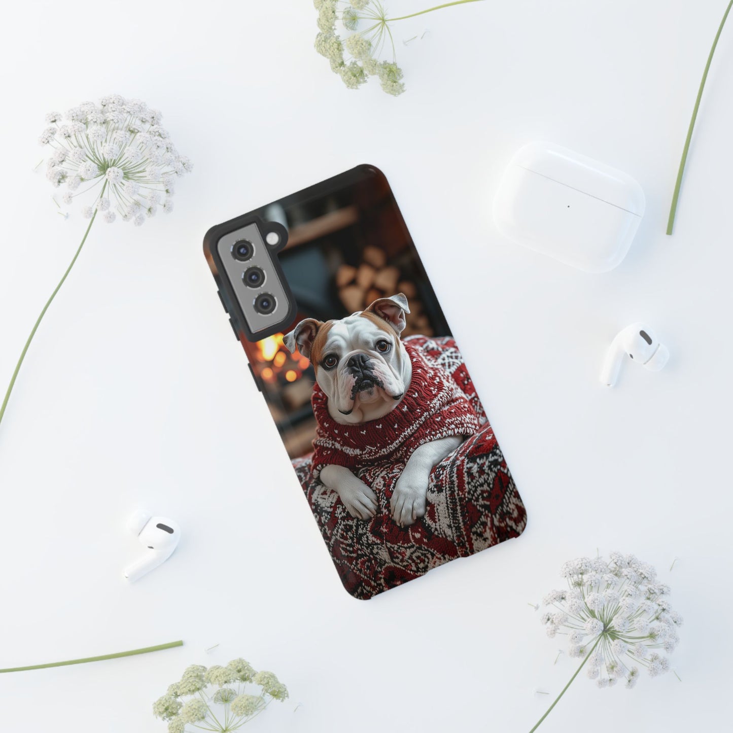 Cozy Bulldog in Sweater Samsung Galaxy Case – Festive Fireplace Protective Cove