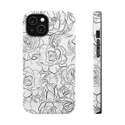 Monochrome Rose Garden Tough MagSafe iPhone Case – Elegant Floral Line Art with Dual-Layer Protection