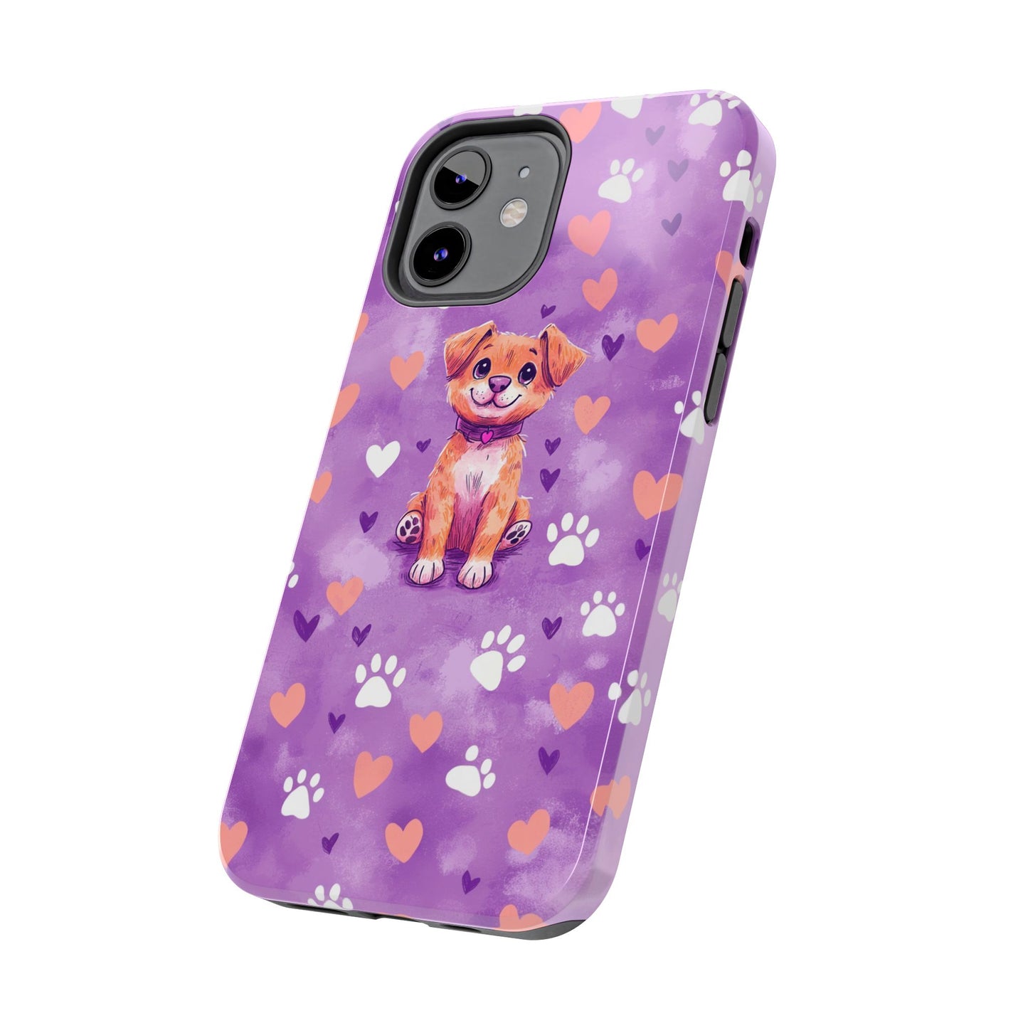 Cute Puppy iPhone Case - Adorable Pet Design with Hearts & Paw Prints, Protective Cover